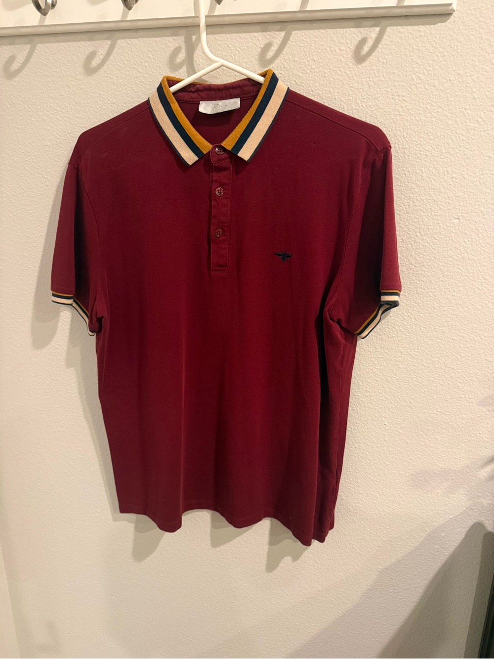 Dior Men’s Burgundy Polo with Yellow-Trim Striped Collar